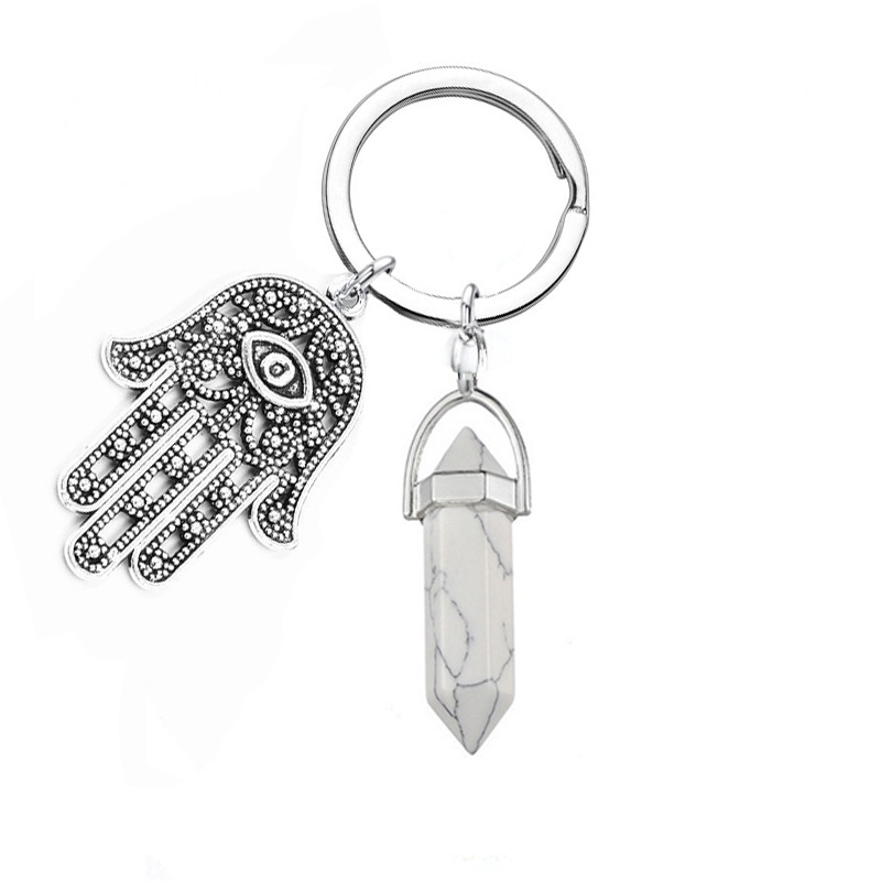 European and American Natural Stone Crystal Bullet Hexagon Prism Keychain Fatima Evil Eye Palm Key Chain