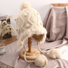 韩版毛线帽子女秋冬季雷锋帽保暖护耳兔毛球针织帽两挂球东北加绒