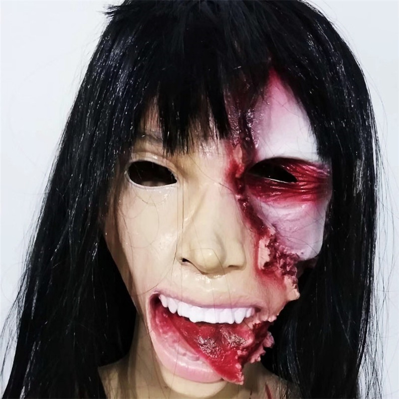 骷髅女鬼面具伤疤脸黑发鬼怪长发女幽灵乳胶头套密室鬼屋道具面罩