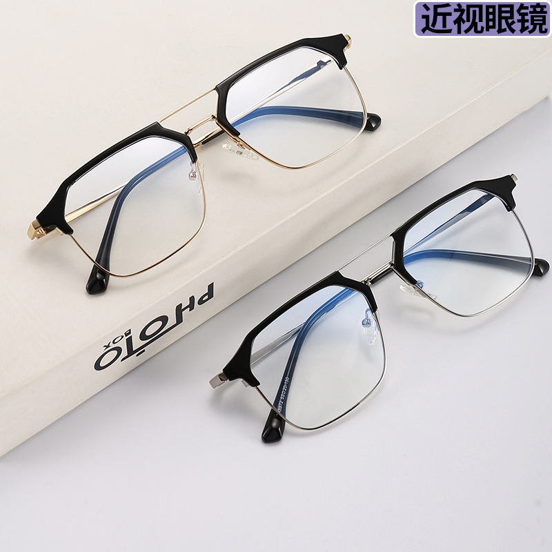 New Retro Semi-Rimless Myopia Glasses Online Influencer Fashion Anti-Blue Light Glasses Frame Korean Myopia Glasses with Degrees