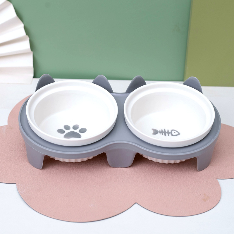 Cat Bowl Ceramic Double Bowl Water Bowl Protective Cervical Spine High Foot Oblique Cat Food Bowl Drinking Bowl Pet Bowl Pet Supplies