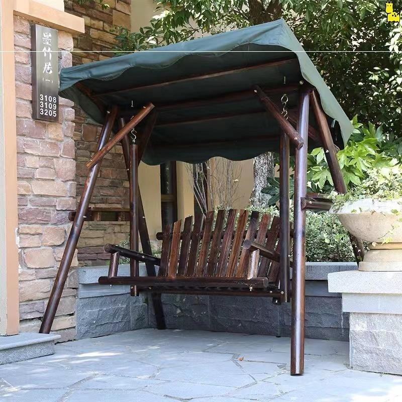 炭化防腐木秋千户外庭院双人金典原木大秋千室内吊椅室外花园摇椅