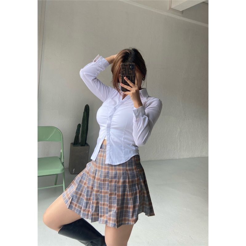 辣妹衬衫 深v翻领超a明扣设计收腰欧美风网红白色衬衫女开衫法