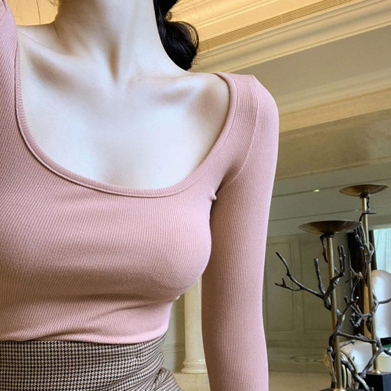 2022春季欧货内搭长袖t恤上衣显胸修身锁骨大u领紧身方领打底衫女