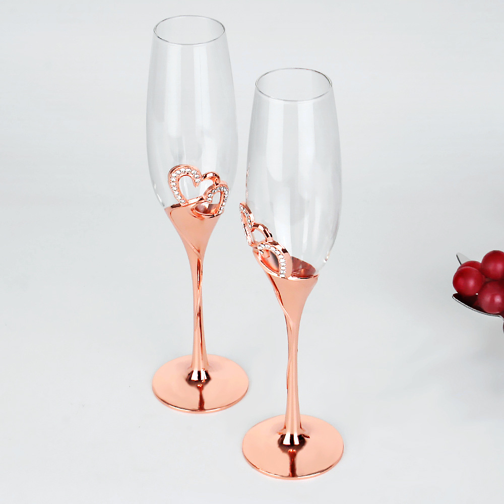 婚庆爱心香槟杯不锈钢底座带水晶钻石透明高脚杯起泡酒杯