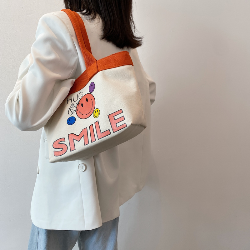 Cute Smiley Printed Simple Small Bag Women's 2023 New One-Shoulder Canvas Artistic Style Large Capacity Portable Women's Bag