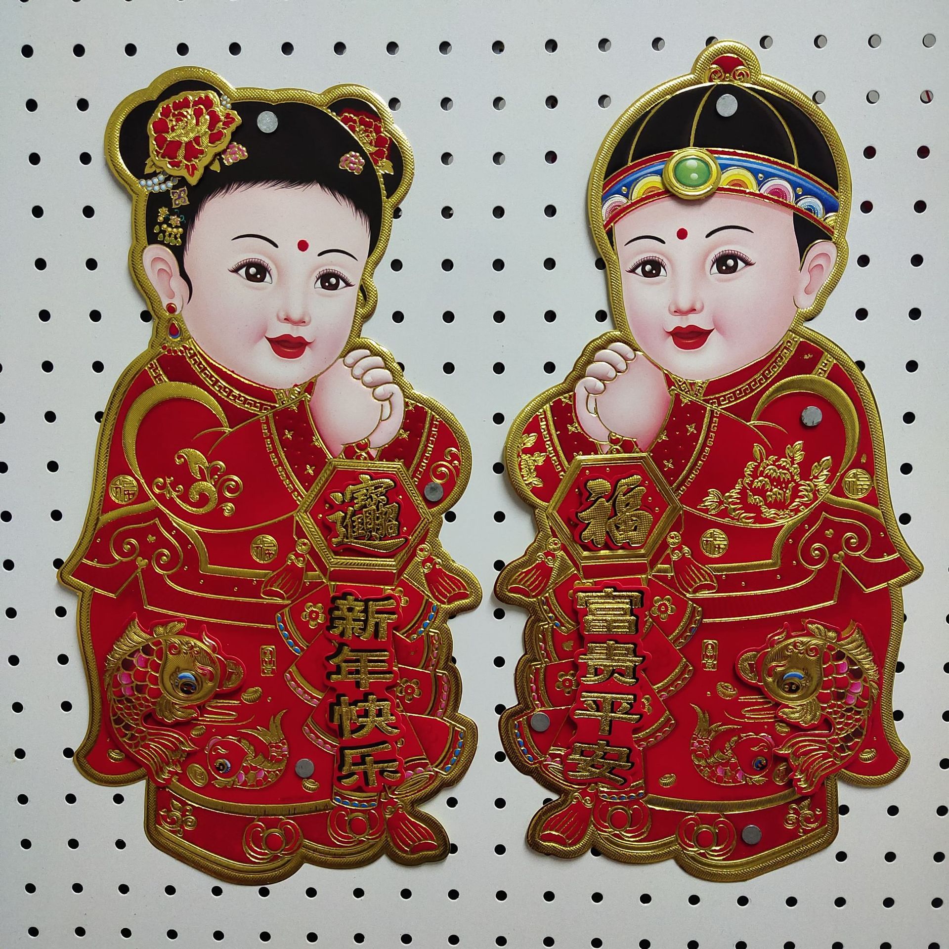 2022年年画批发硬纸板植绒大吉大利金童玉女立体玻璃门门贴
