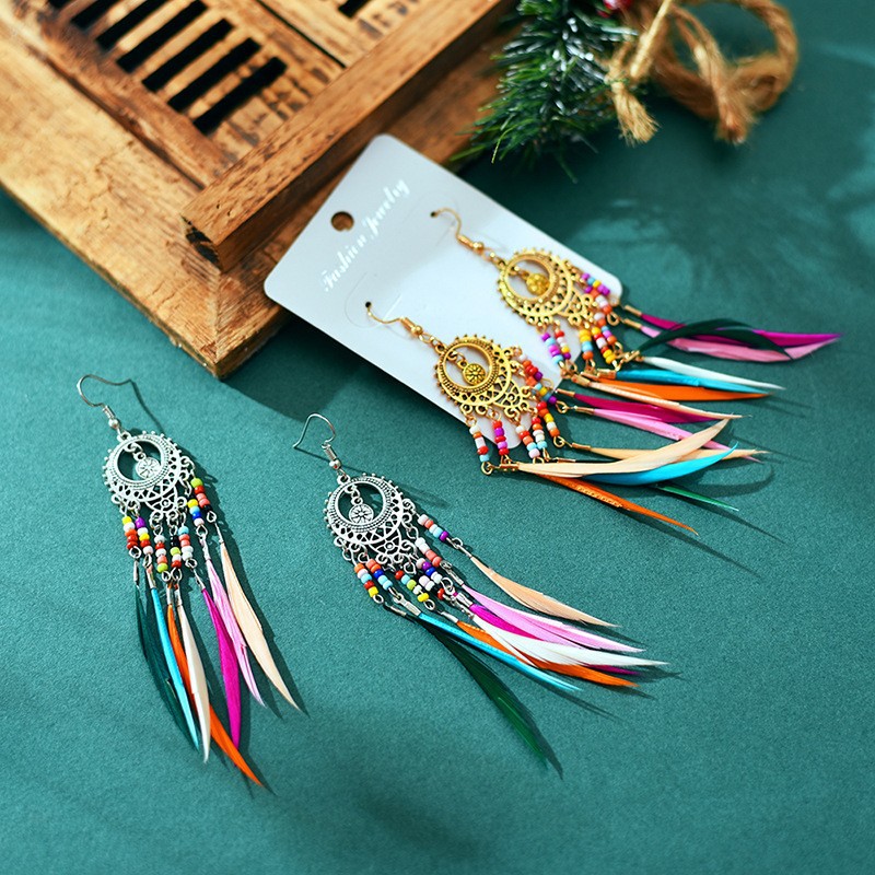 2023 New Fashion Retro Hollow Long Feather Earrings European and American Colorful Bead Tassel Earrings Bohemian