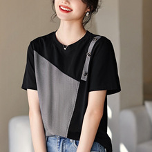 圆领短袖T恤女夏季新款通勤简约设计感撞色拼接设计感显瘦上衣潮