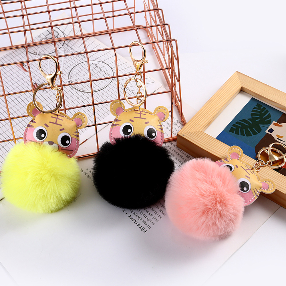 Cross-Border Cartoon Tiger Imitation Rex Rabbit Fur Ball Keychain Women's Bag Bag Charm Tiger Year Plush Pendant Small Gift