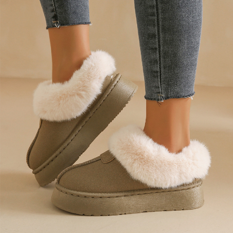 毛毛口雪地靴女2024年冬季新款外贸棉靴圆头厚底加绒保暖棉鞋批发