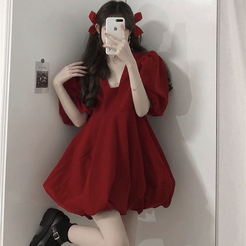 蓝依凝新年跨年衣服套装高级感泡泡袖法式花苞裙 半高领加绒长袖