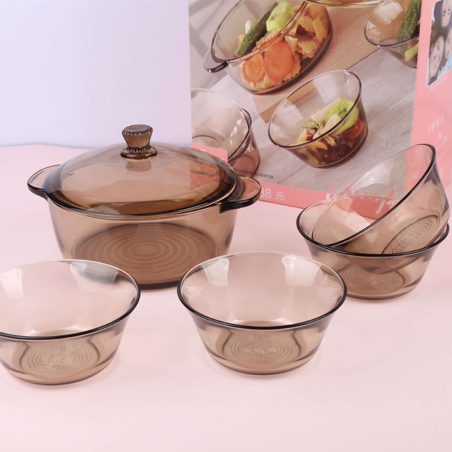 玻璃碗套装茶色玻璃煲 双耳碗沙拉泡面碗带盖批发开业礼品促销