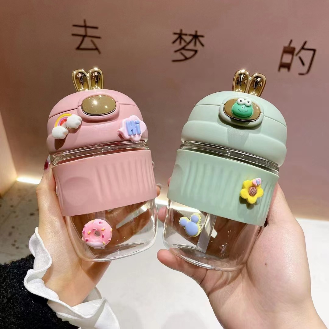Kawaii Adorable Rabbit Straw Glass Cup Cute Female Student Portable Cup Office Coffee Beverage Water Cup