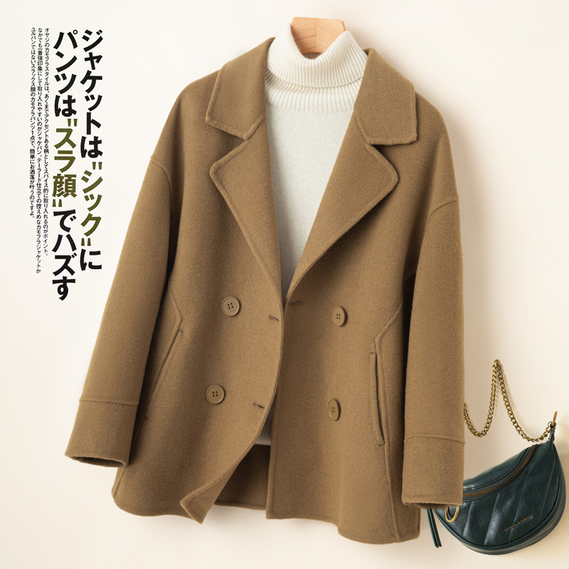 2023秋冬新款驼色短款双面呢羊绒大衣女纯羊毛大衣毛呢子外套