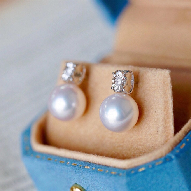 新款18k金镶嵌天然海水akoya珍珠耳钉 8mm 皮光细腻 时尚百搭气质