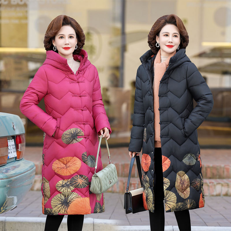 妈妈冬装羽绒棉服中长款过膝洋气加厚花棉袄中老年人秋冬奶奶棉衣