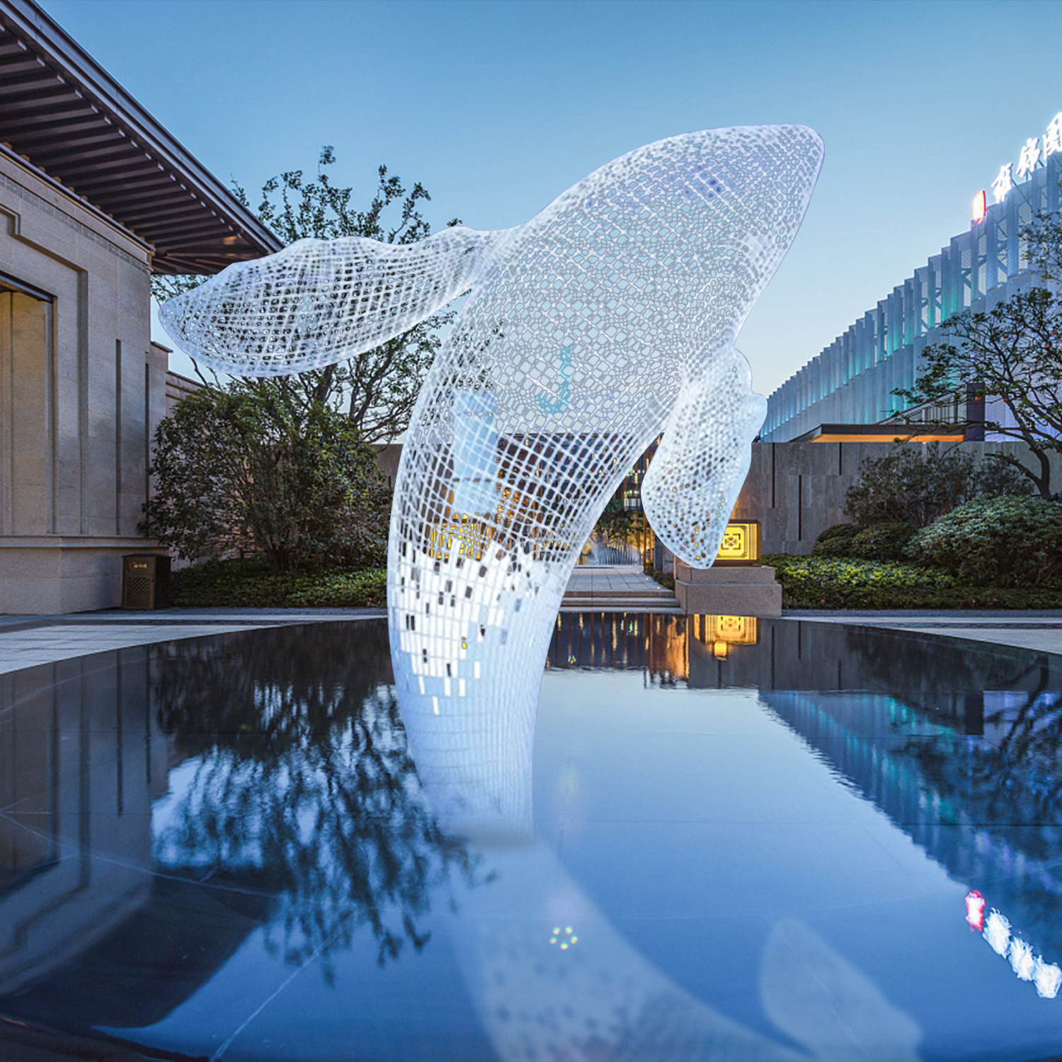 大型鲸鱼雕塑广场售楼部水池金属镂空海豚景观装饰摆件-阿里巴巴