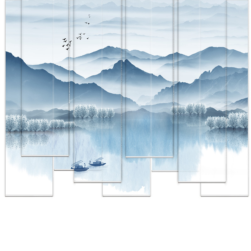 山水画卷帘新中式水墨屏风帘遮阳客厅电动窗帘遮光隔断门帘