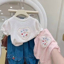 包邮童装女童蕾丝爱心短袖T恤夏装婴儿上衣儿童女宝宝半袖打底衫