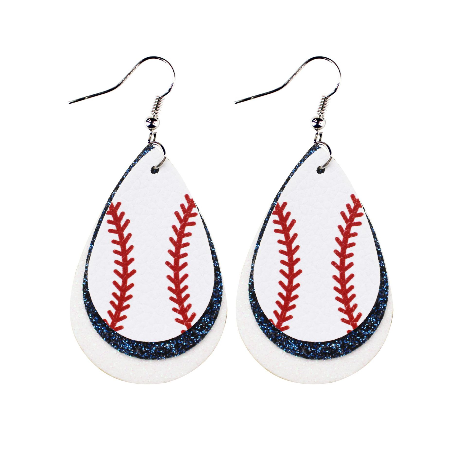 White Leather Baseball Theme Earrings Glitter Pu round Heart Water Drops Baseball Three-Layer Earrings Cross-Border Amazon