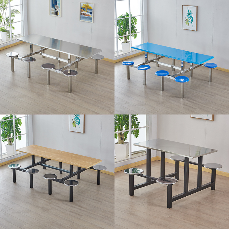 学校食堂餐桌椅圆凳不锈钢餐桌组合四人六人八人位连体餐桌椅批发