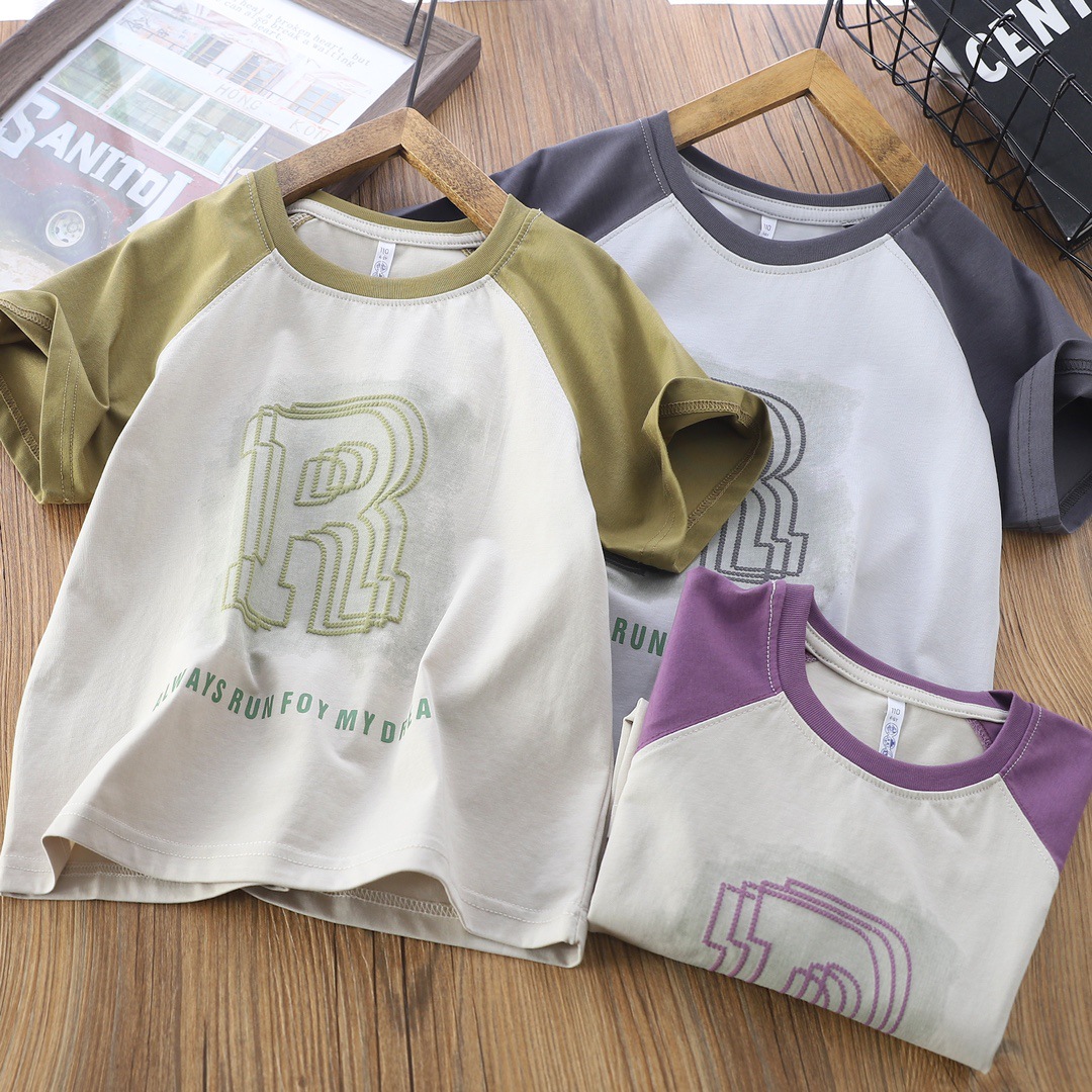 儿童夏款短袖t恤中大童圆领字母拼色插肩袖棉汗衫外贸童装t44112