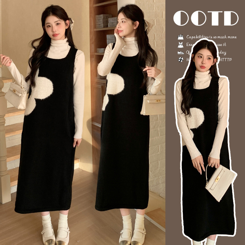 Autumn and Winter Maternity Dress 2023 New Korean Style Fashion Loose Thickened Sweater and Sleeveless Dress + Turtleneck Bottoming Shirt