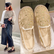 韩版2021年新款蕾丝亮片网面女夏季镂空亚麻编织懒人外穿平底单鞋