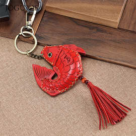 鱼形真皮钥匙扣头层牛皮手工缝制吉祥物钥匙挂件锦鲤好运钥匙扣