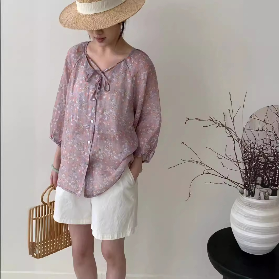 2024夏新款女圆领日系长袖印花开衫文艺风小众森系女装苎麻上衣
