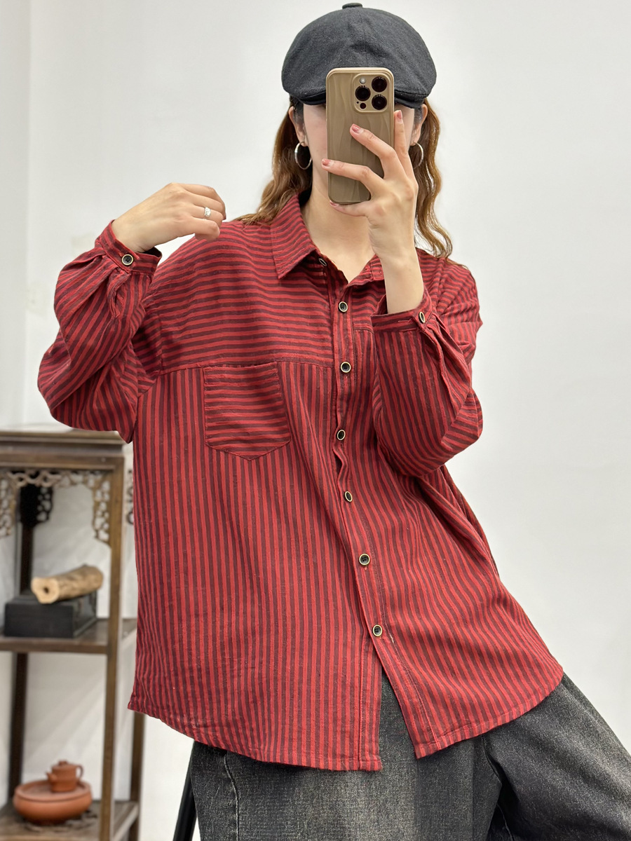 2024春款棉麻条纹女开衫翻领大码长袖文艺女式衬衫灰色均码红色
