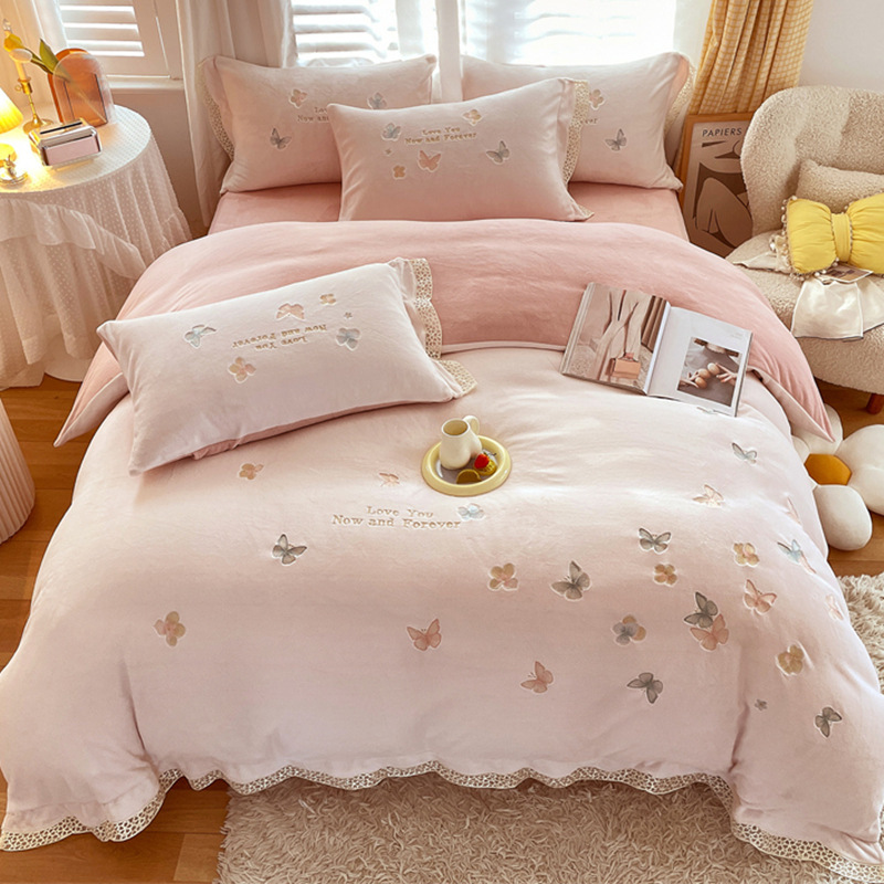 High-End Winter Milk Fiber Four-Piece Thickened Double-Sided with Velvet Flannel Bedding Bed Sheet Coral Fleece Duvet Cover Warm