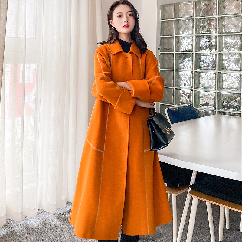 双面橙色羊绒大衣女冬高端新款高级感气质中长款橘色羊毛毛呢外套
