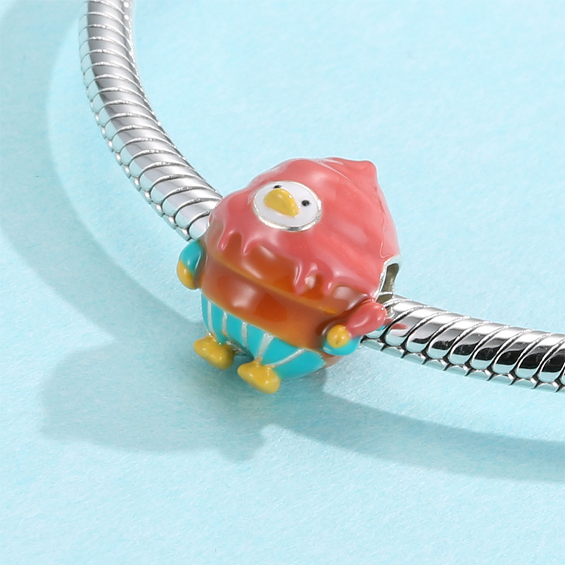 原创食物百变小鸡串珠吊坠s925纯银珠子charm卡通diy手链配件散珠