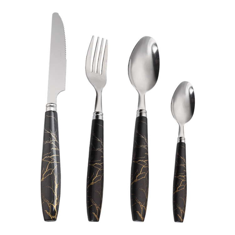 Cross-Border Stainless Steel Tableware Knife, Fork and Spoon Marbling Handle Western Tableware Four-Piece Set Hotel Steak Knife, Fork and Spoon Suit