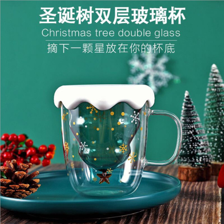 双层隔热圣诞杯带盖咖啡玻璃杯耐热高硼硅高颜值创意圣诞杯子批发