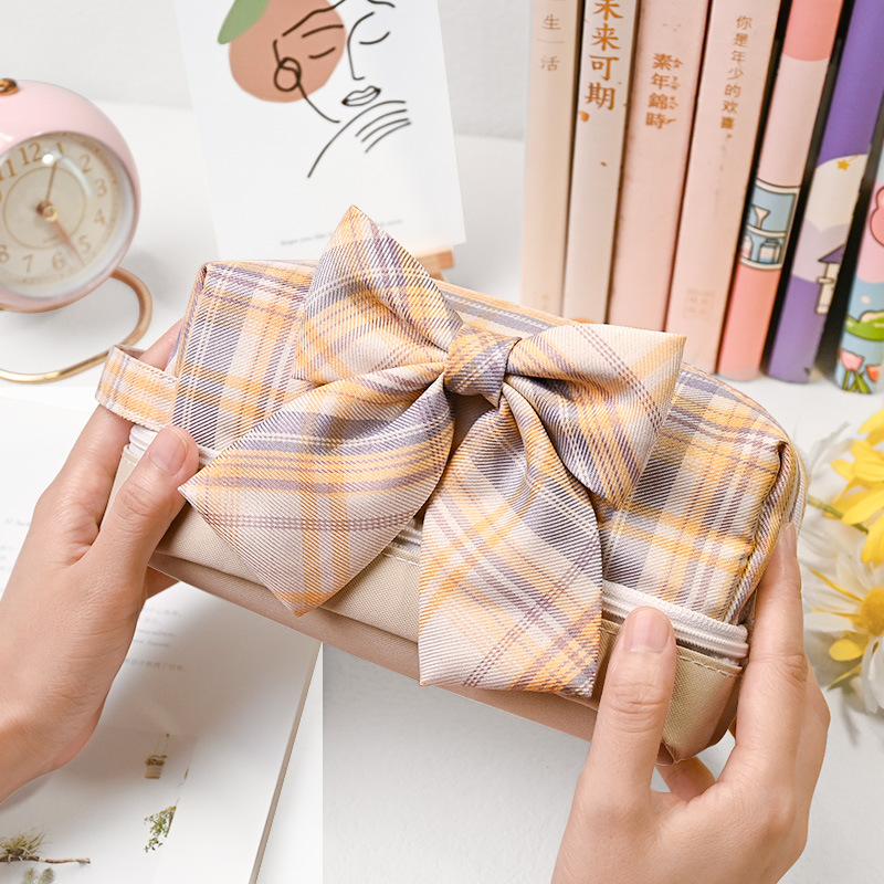 日系jk笔袋双层大容量帆布笔袋小清新高颜值铅笔盒网红格子文具袋