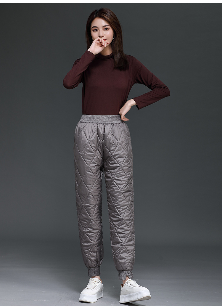 冬季加绒加厚羽绒开叉棉裤 时尚高腰宽松束脚休闲保暖棉裤小脚裤