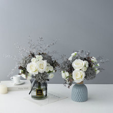 北欧现代简约灰紫色系花材假绢白玫瑰仿真花艺束客厅装饰摆件