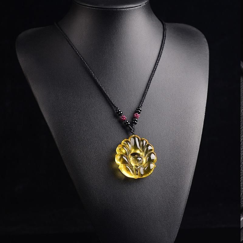 立体雕 天然黄水晶狐狸吊坠九尾狐姻缘女项链礼物水晶饰品男 深色