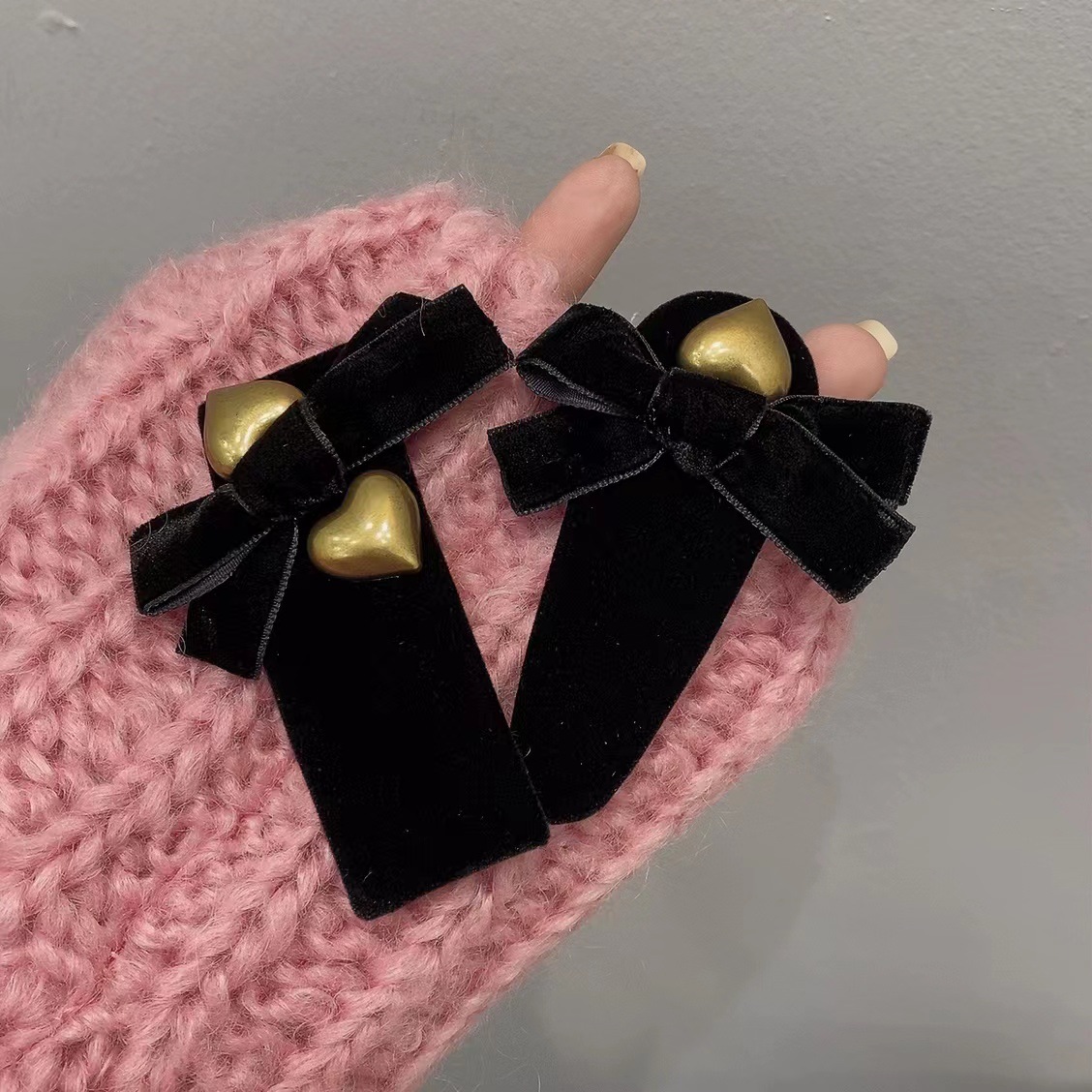 5677绒黑色复古金色桃心蝴蝶结侧面刘海边夹气质bb夹发夹女