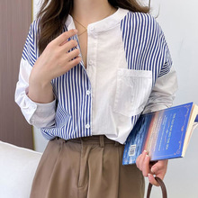 法式小众条纹衬衫女2023春季长袖圆领拼接日韩女装衬衣批发