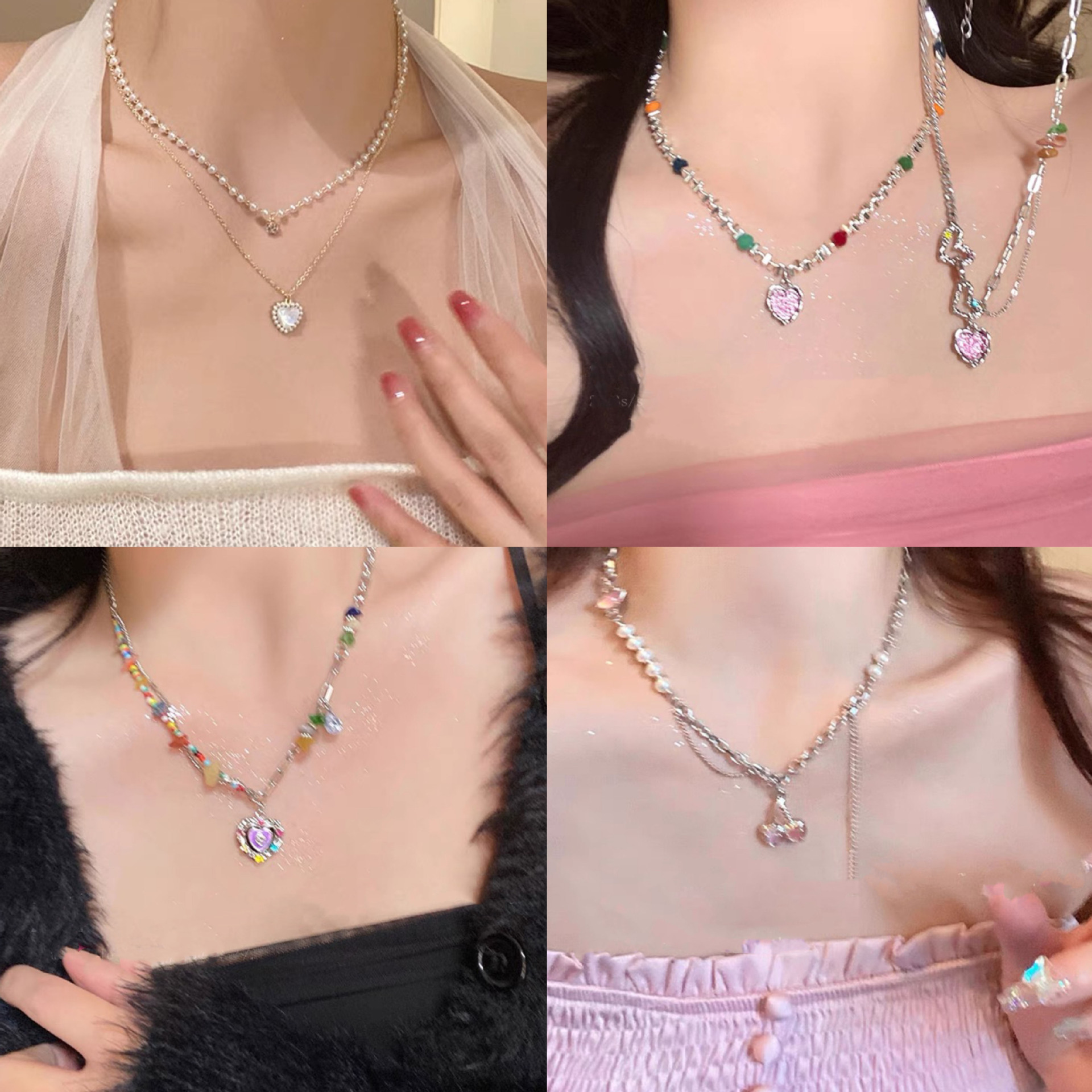 silver crystal love pearl beaded necklace all-match clavicle chain color fashion necklace accessories new wholesale female