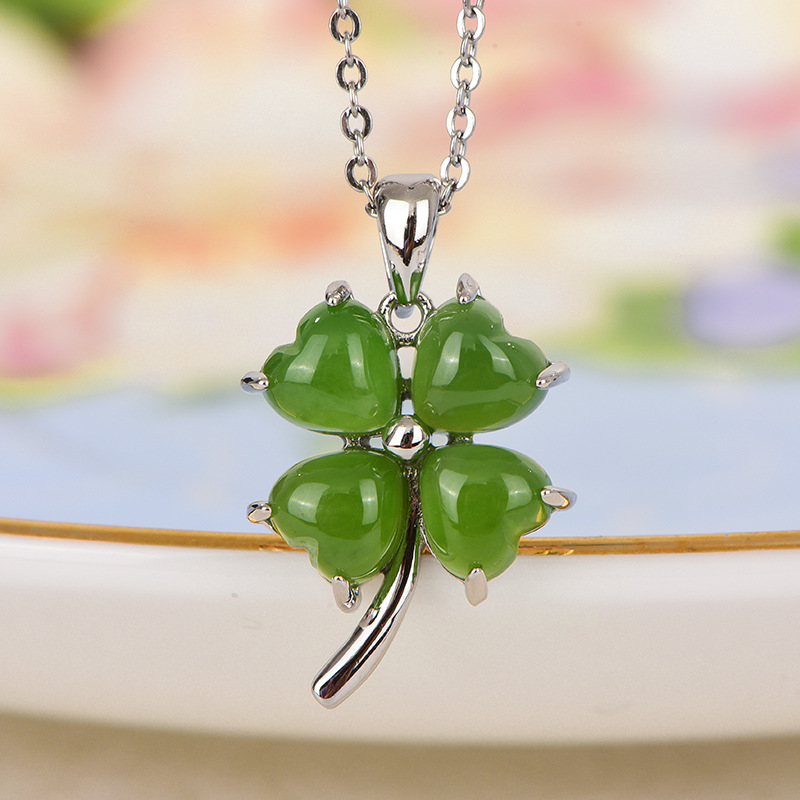 夏季韩版时尚新款四叶草碧玉吊坠 s925银项链抽奖专供批发带证书