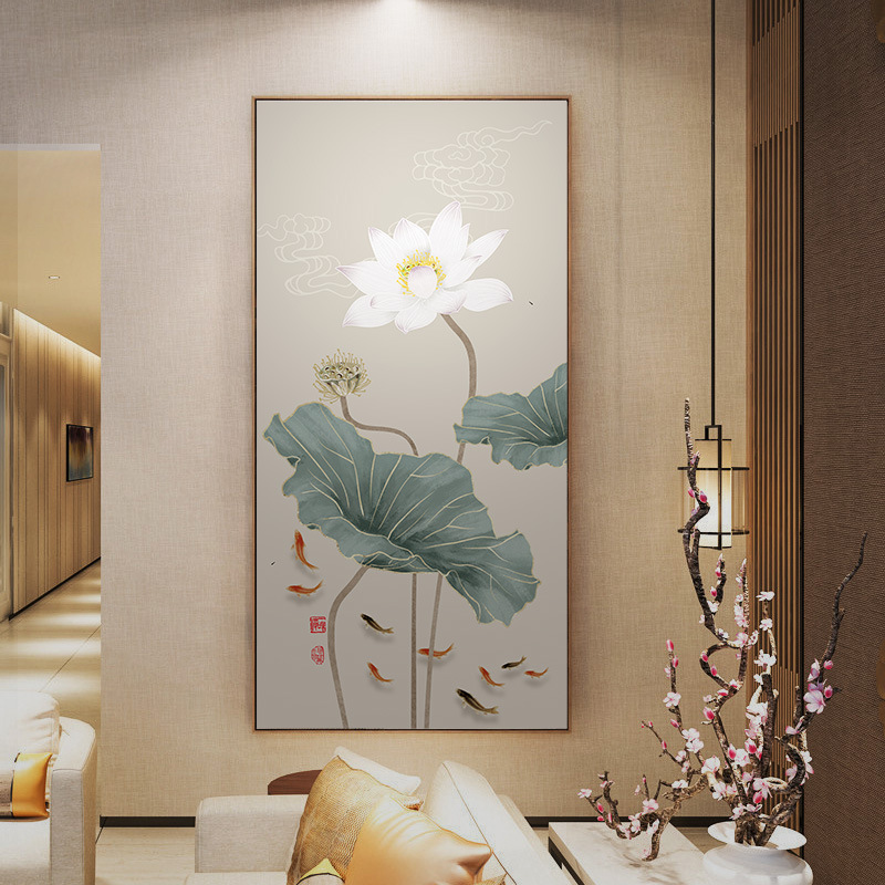 荷花九鱼图新中式入户玄关挂画招财竖版走廊过道墙壁画禅意装饰画
