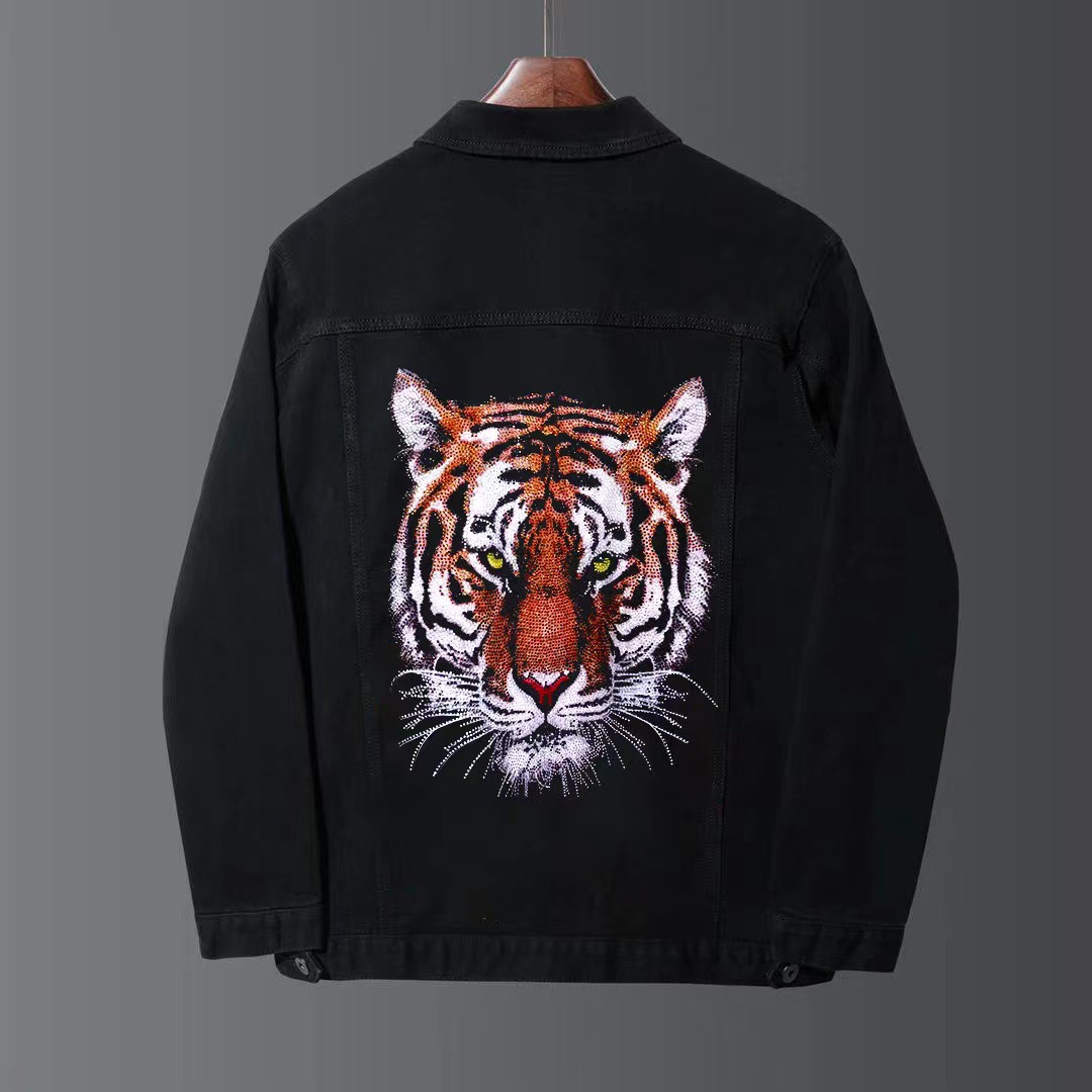大码帅气国潮原创刺绣烫钻老虎牛仔外套加肥加大弹力潮牌修身夹克