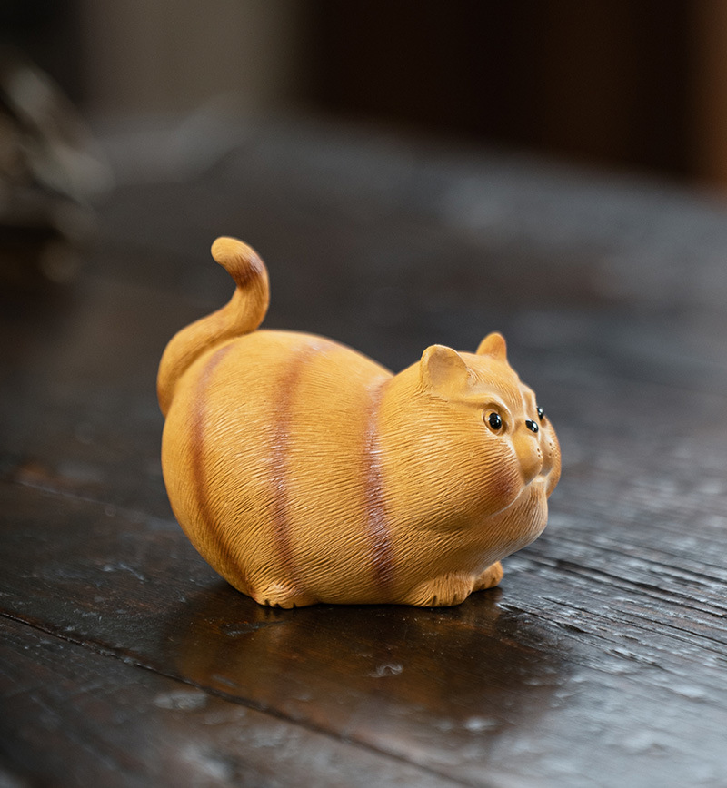 宜兴原矿紫砂茶宠猫雕塑个性创意泥绘招财猫摆件茶玩老虎猫咪厂家