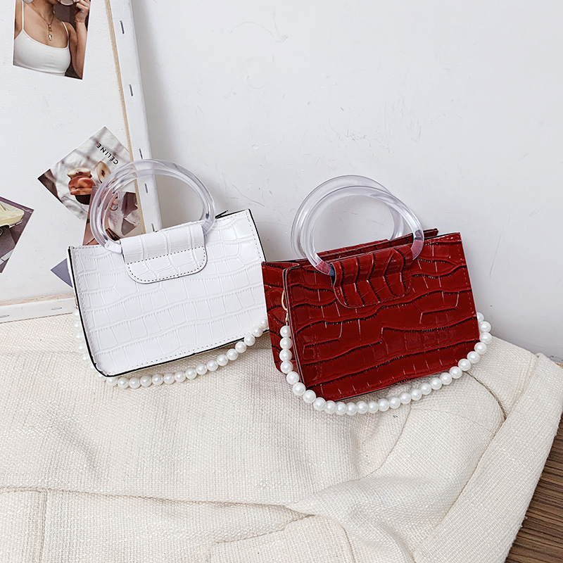 2021 New Bags Women's Bag Fashion Korean Pearl Tote Women's Summer Trendy Crocodile Pattern Patent Leather Small Square Bag