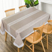 亚马逊热销 仿亚麻PVC印花防水防油桌布防烫隔热方形条纹餐桌布